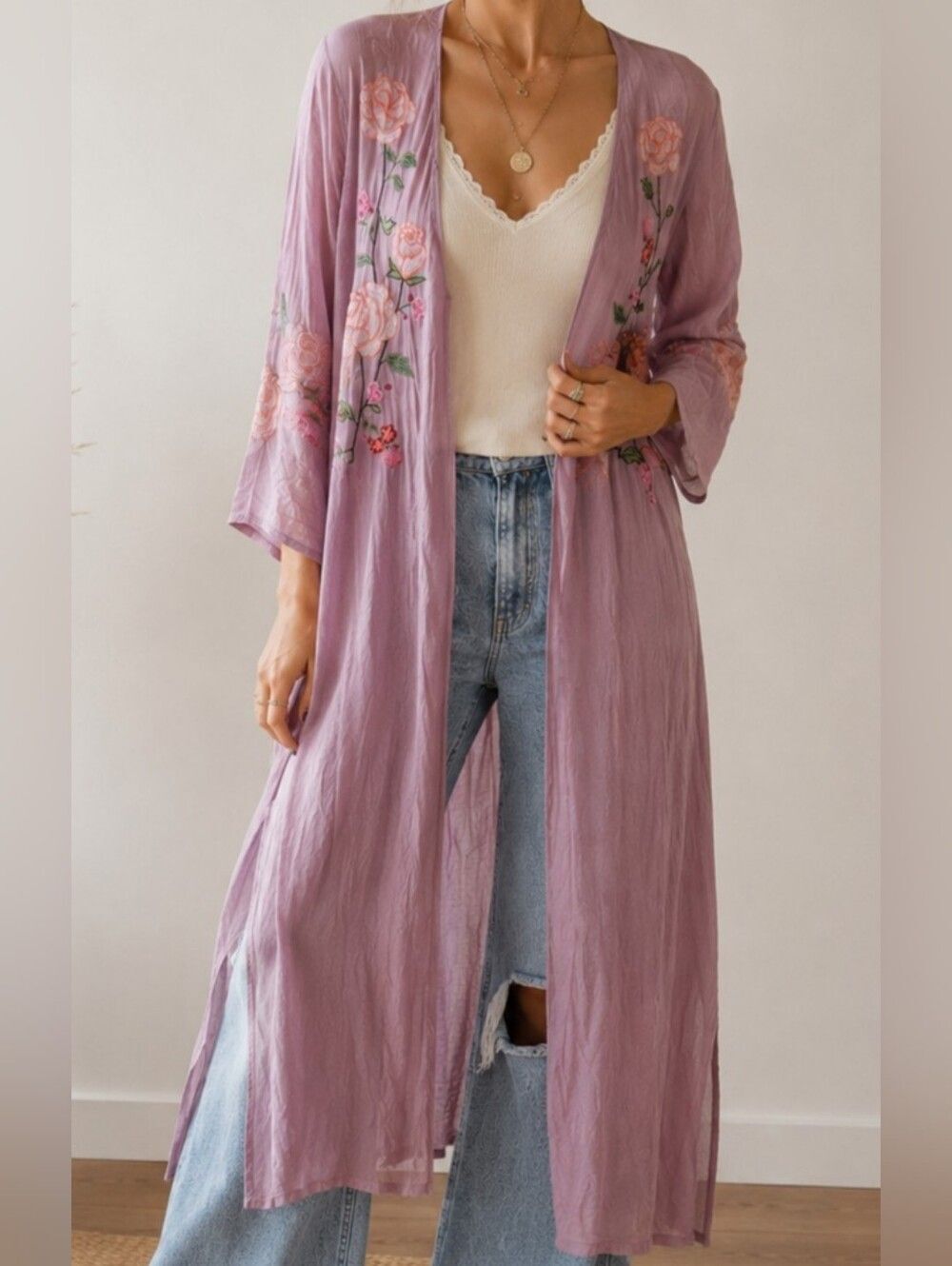 En Crème Embroidered Floral Kimono Cardigan Duster Mauve Pink Roses Boho Size S